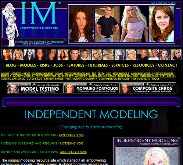 Independent Modeling web site screen grab 10/28/12, just before the new site came online.